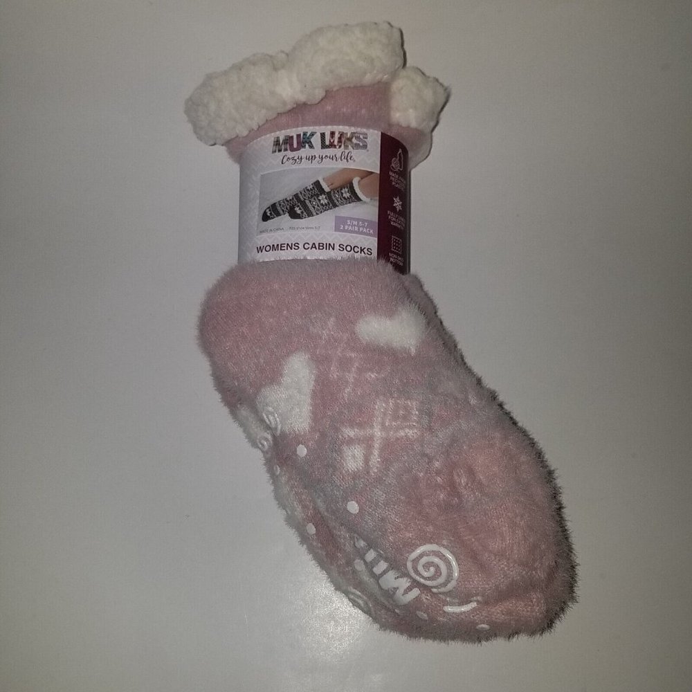 NEW Muk Luks Women's Cabin Socks Pink White Heart S/M 5-7 Non-Skid ~ 2 Pair Pack